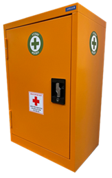 橙色储物柜风格的盒子，装饰着健康十字架的贴纸